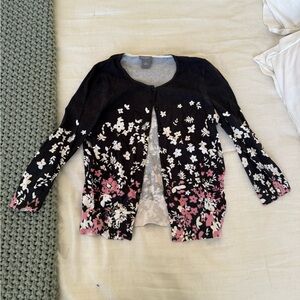 Ann Taylor Floral Black and Pink Cardigan